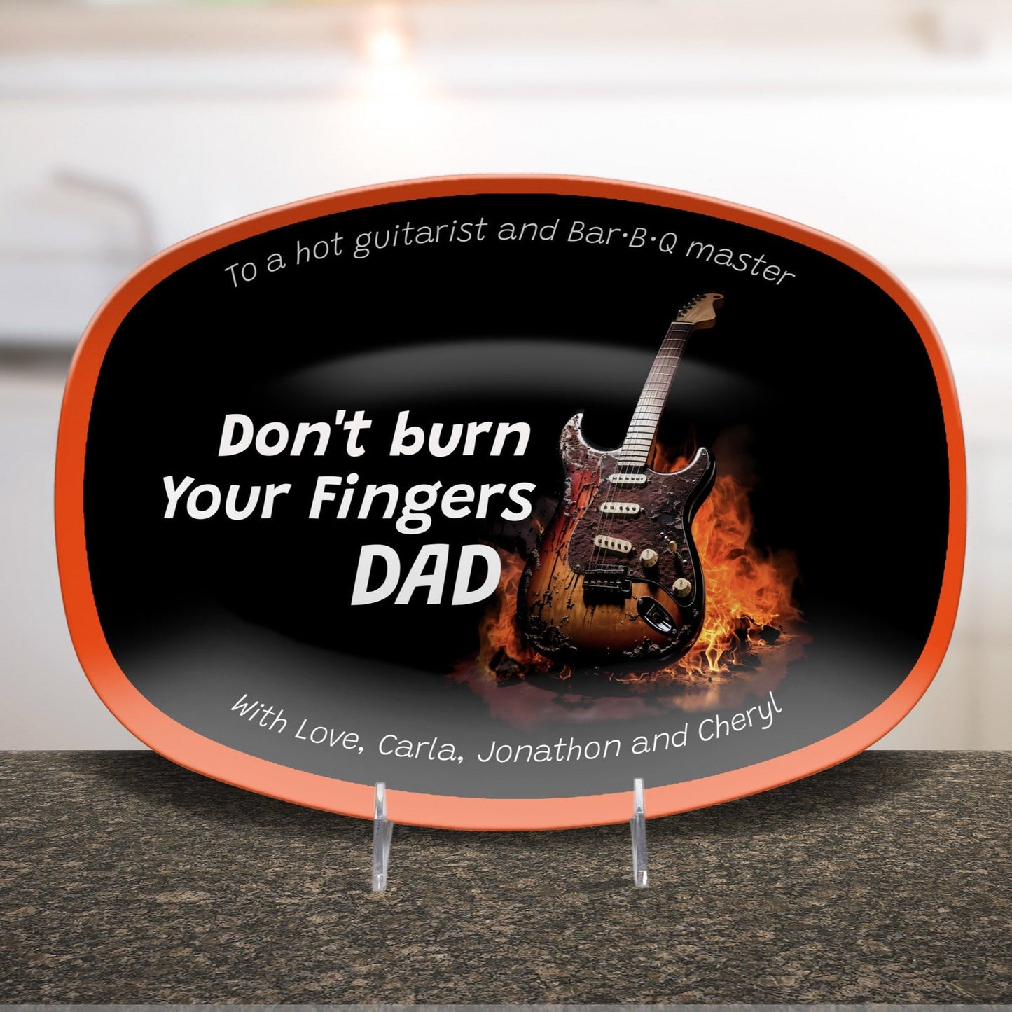 Personalized Grilling Platter, Dad Gift burning guitar on a stand
