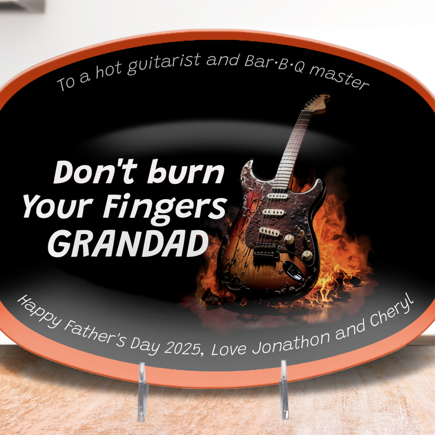 Personalized Grilling Platter, Dad Gift burning guitar on a stand