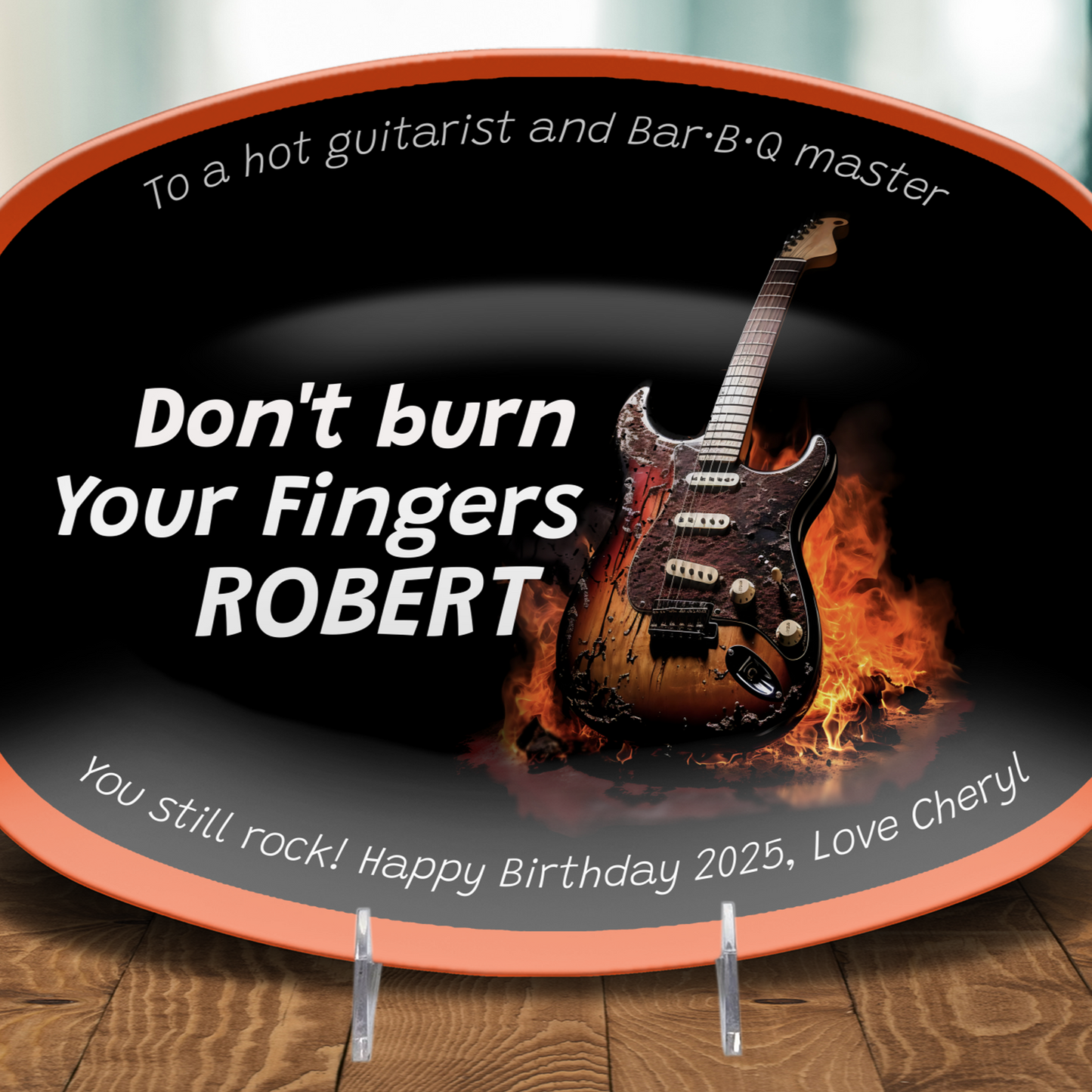 Personalized Grilling Platter, Dad Gift burning guitar on a stand