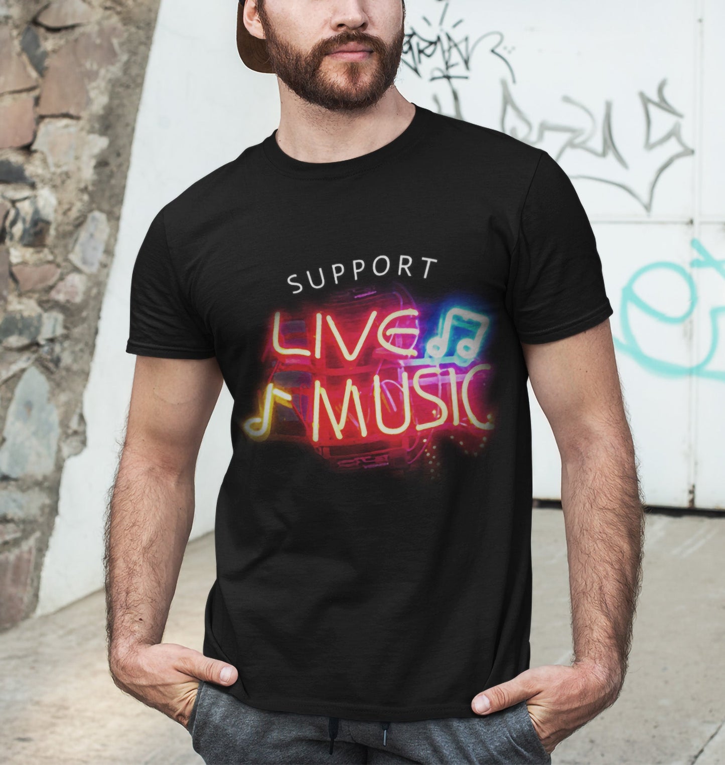 Support LIVE Music T-shirt mockup on model