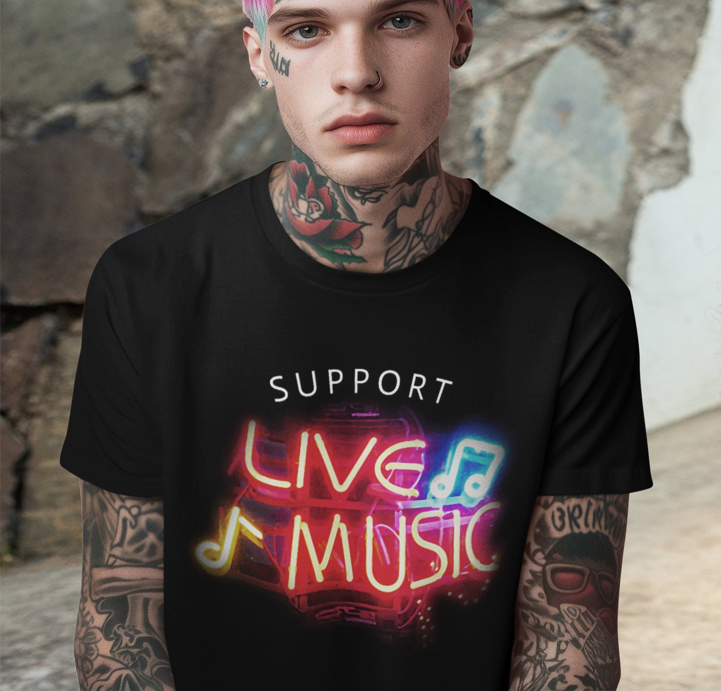 Support LIVE Music T-shirt mockup on model