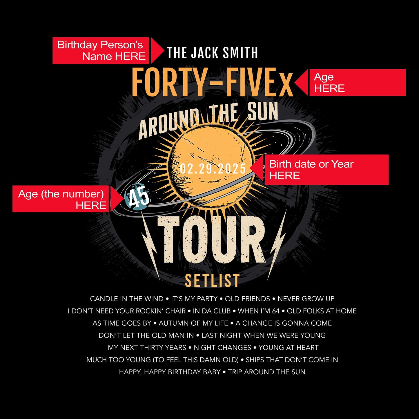 Personalized Birthday T-Shirt Around The Sun Tour showing customization