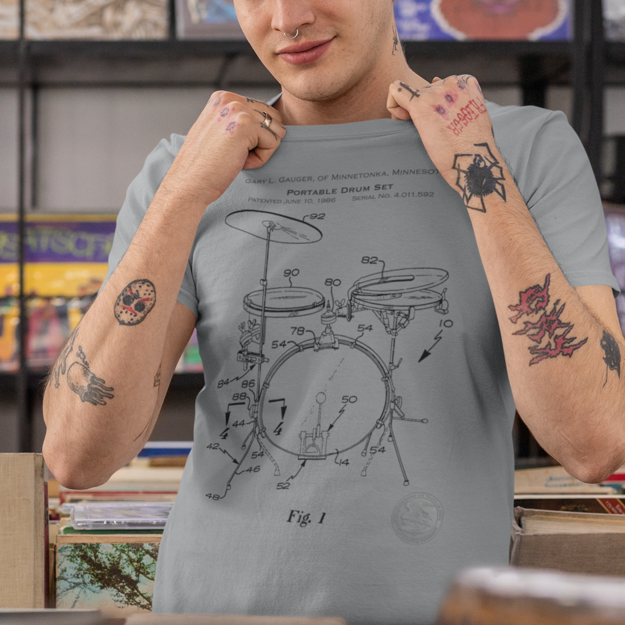 Music Patent Retro Blueprint Drumkit T-Shirt, mockup