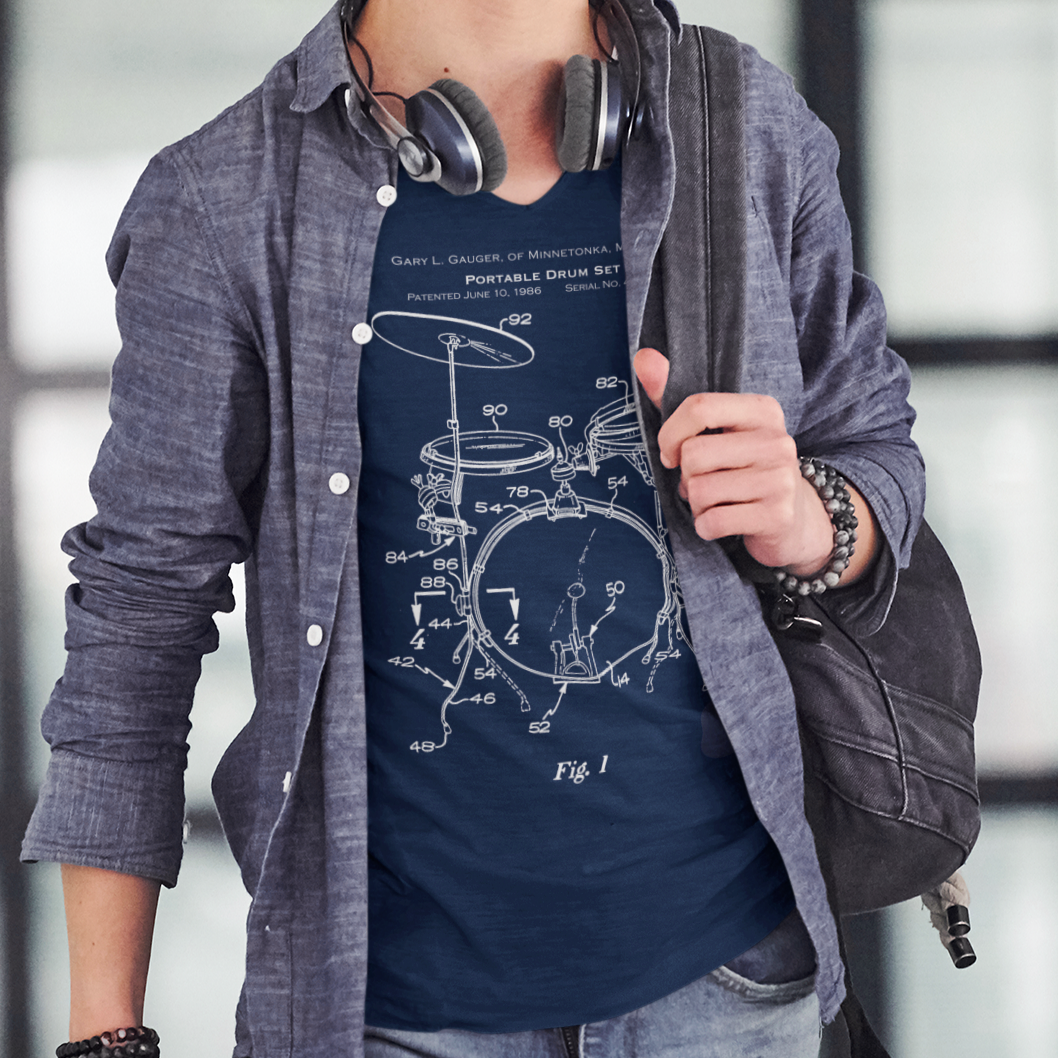 Music Patent Retro Blueprint Drumkit T-Shirt, mockup