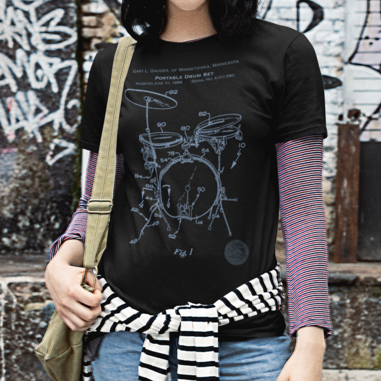 Music Patent Retro Blueprint Drumkit T-Shirt, mockup