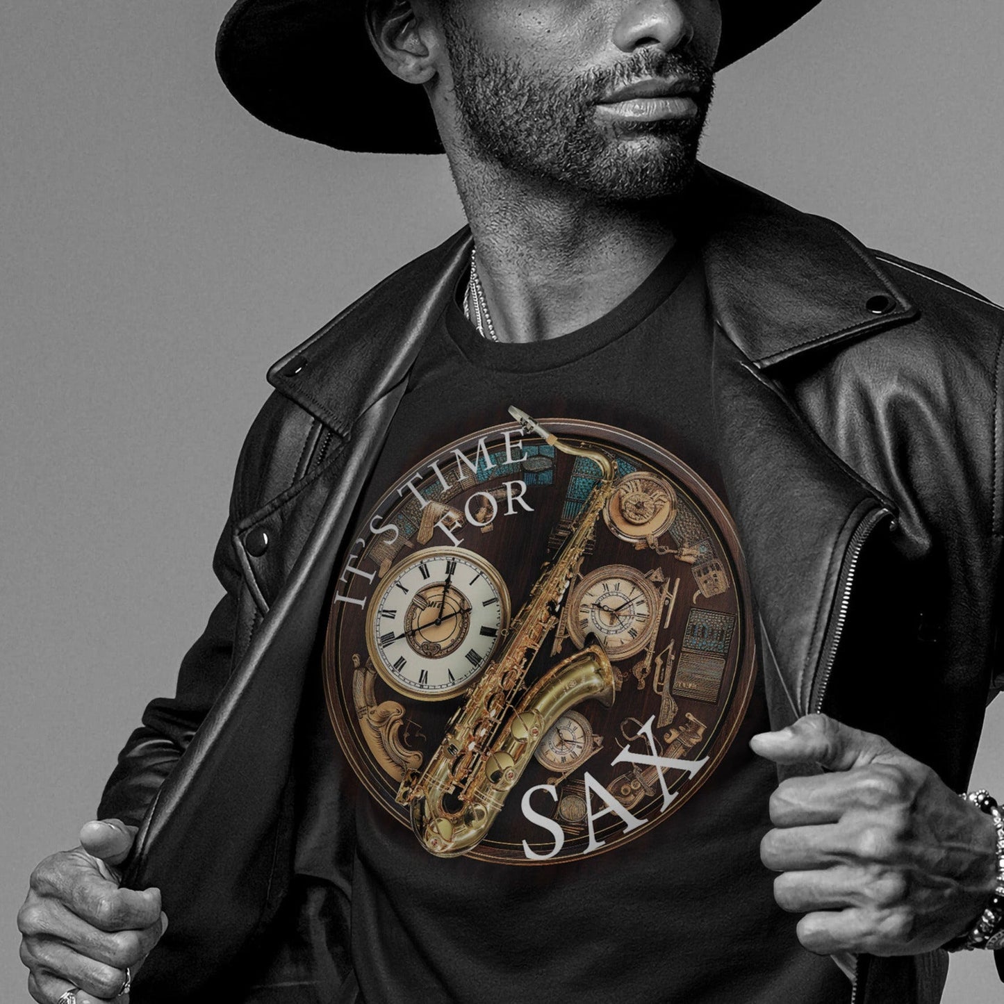 Its Time for SAX Recycled T-shirt mock up on model