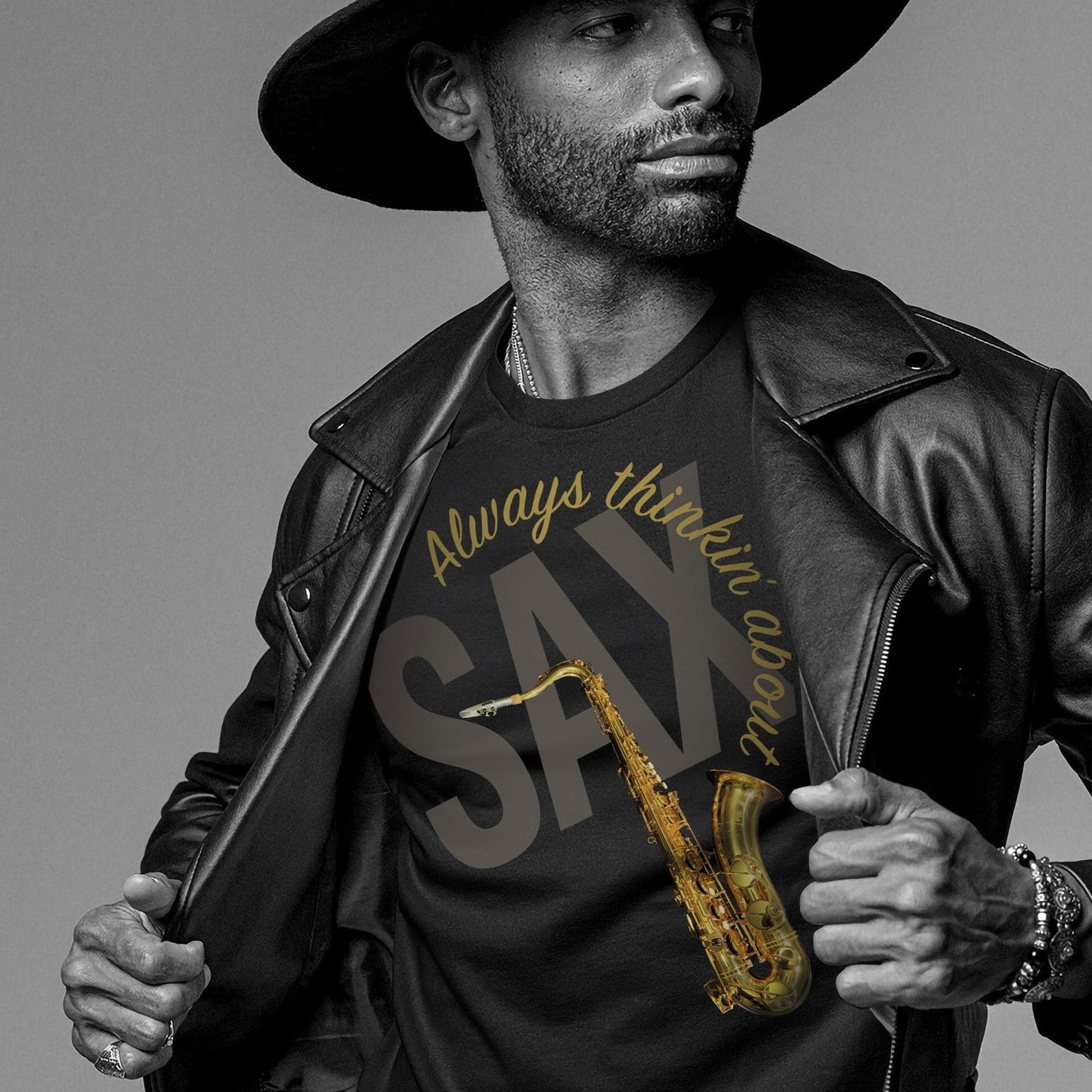Always Thinkin About SAX T-Shirt Mockup on model