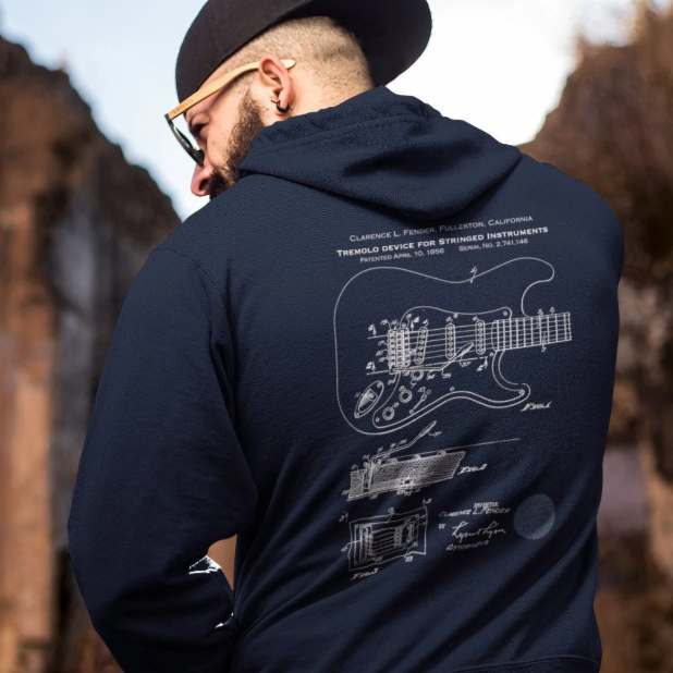 wearing Music Hoodie with Stratocaster Tremolo Patent