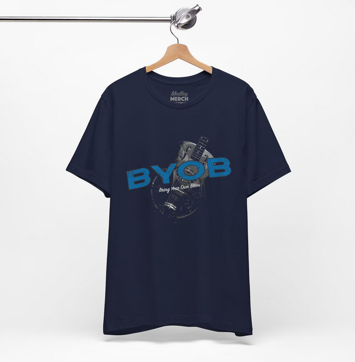 Blues Music T-Shirt, black mockup, on hanger
