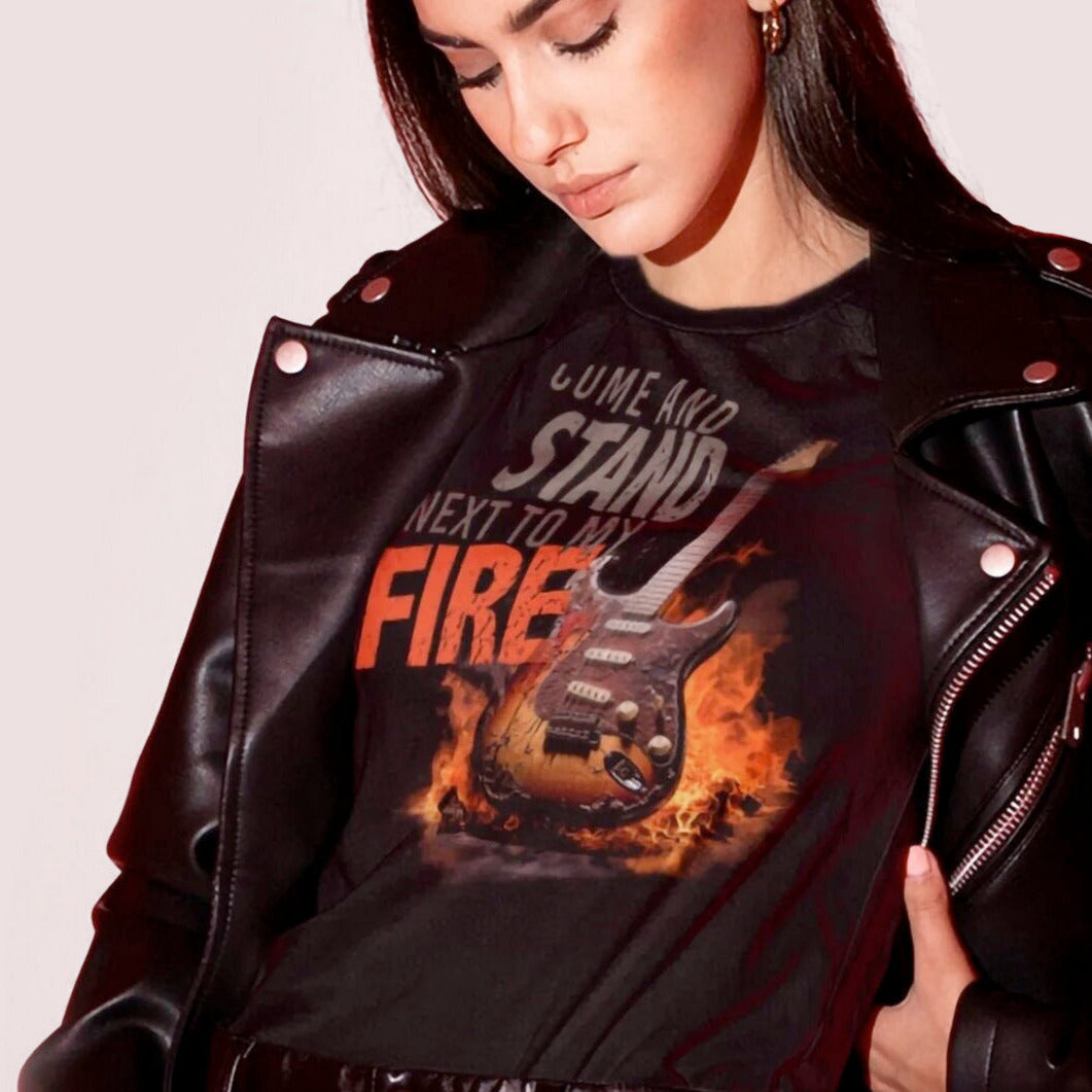 wearing Come and Stand Next To My FIRE T-Shirt - Black