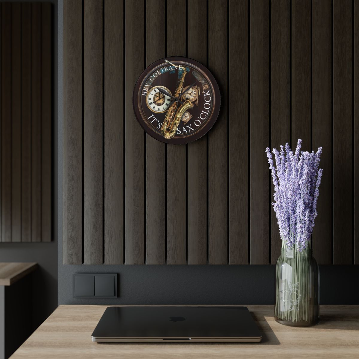 Personalized Saxophone Acrylic Wall Clock mockup on wall