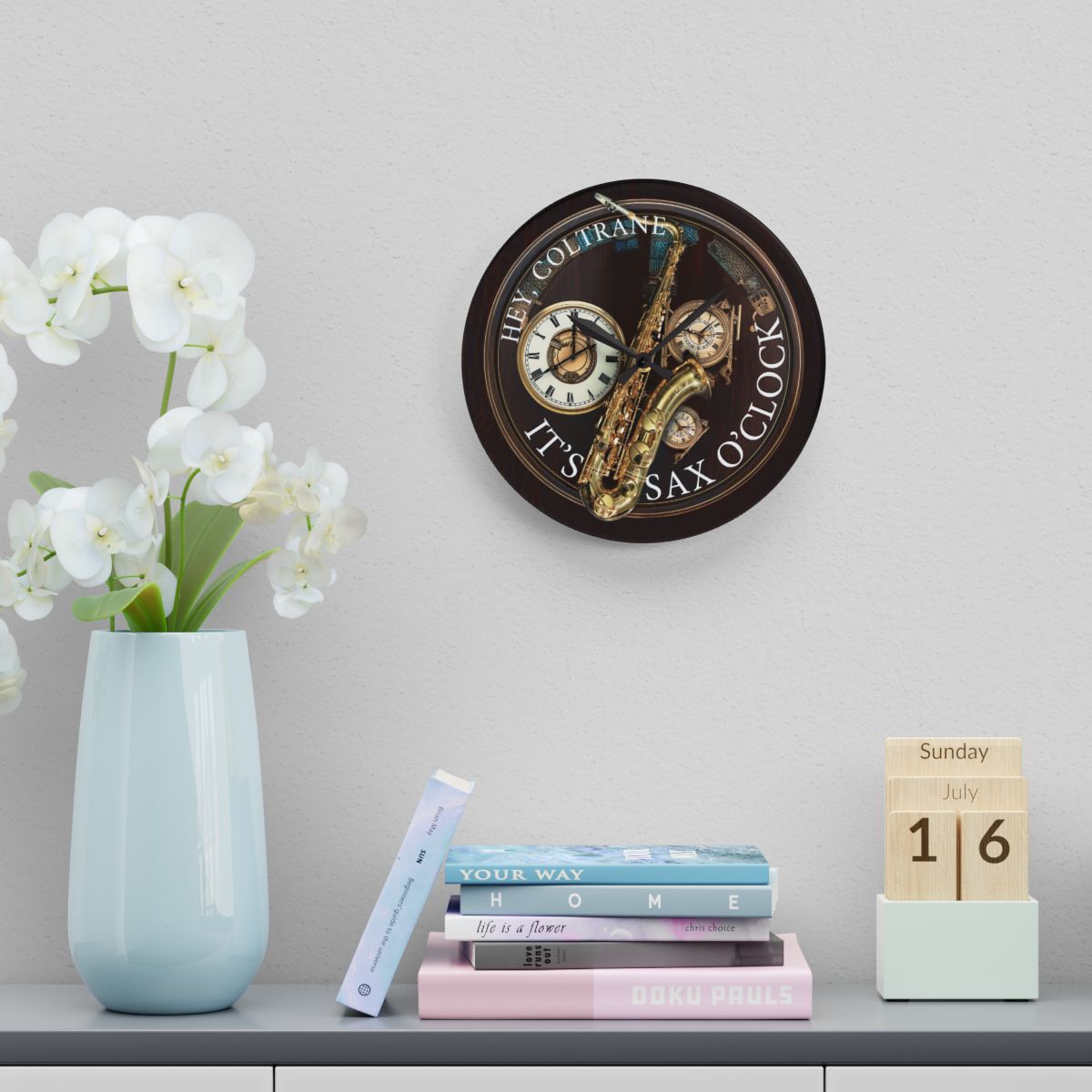 Personalized Saxophone Acrylic Wall Clock mockup on wall
