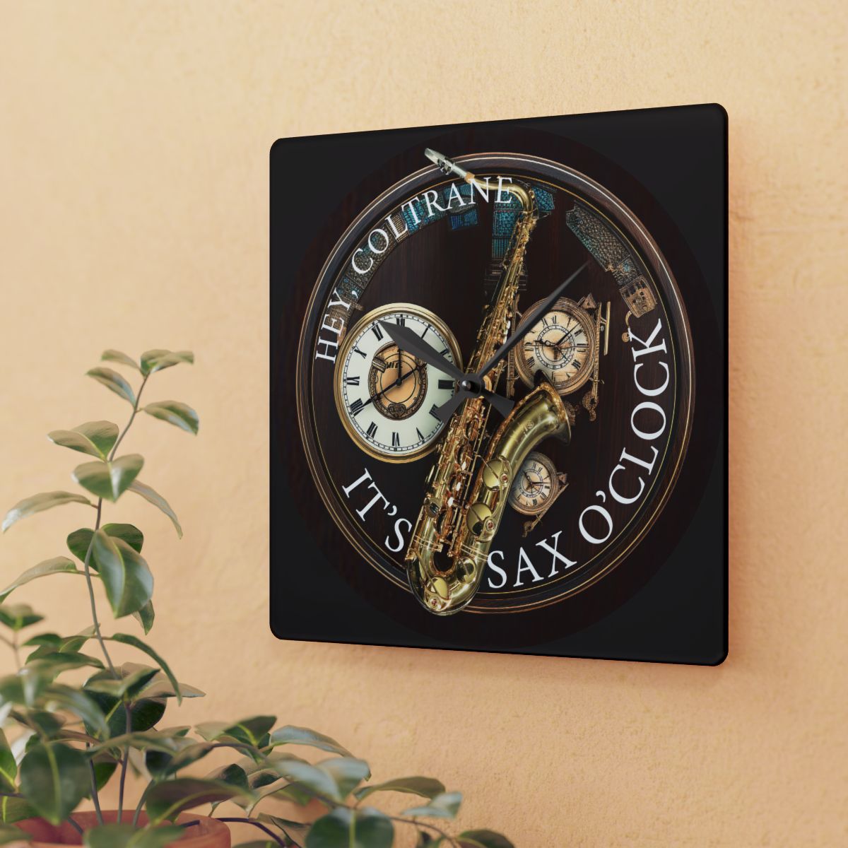 Personalized Saxophone Acrylic Wall Clock mockup on wall