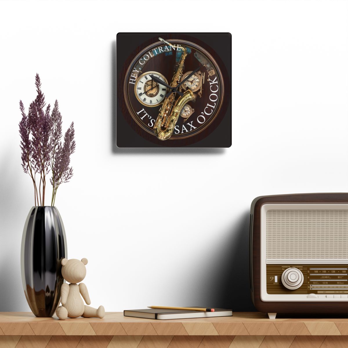 Personalized Saxophone Acrylic Wall Clock mockup on wall