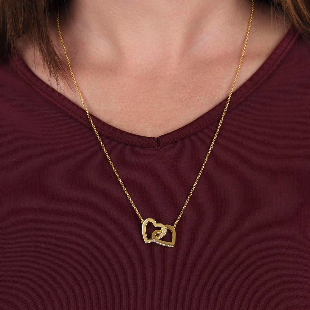 Interlocking Hearts Duet necklace mock up on model