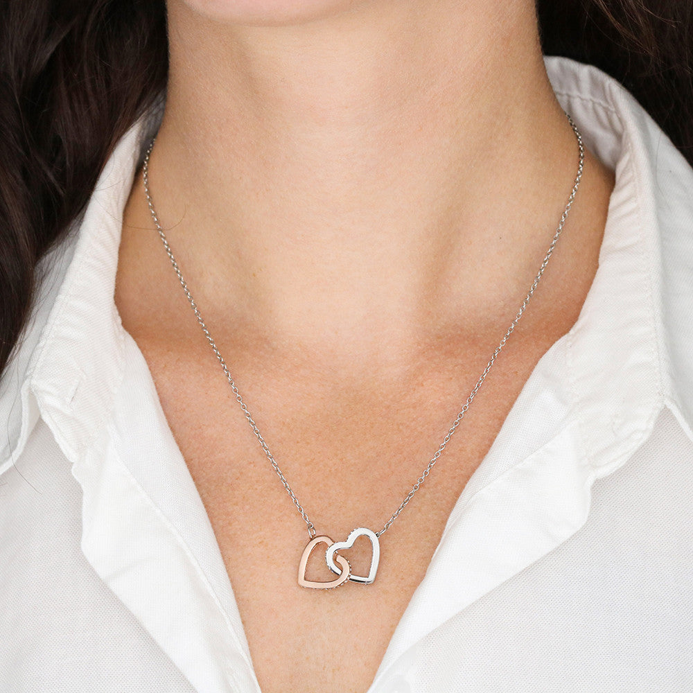 Interlocking Hearts Duet necklace mock up on model