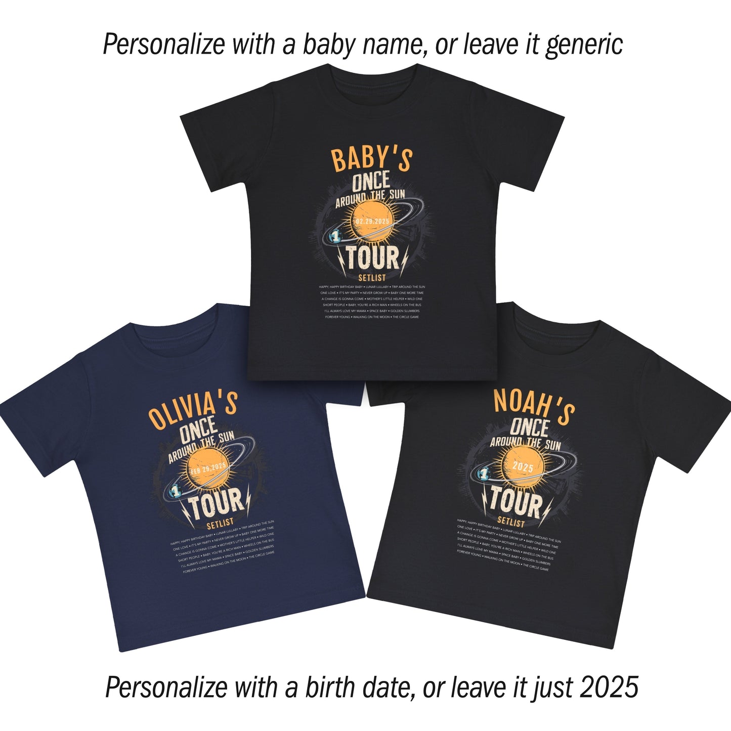 Babys 1st Birthday T-Shirt Once Around The Sun Tour mock ups showing personalization