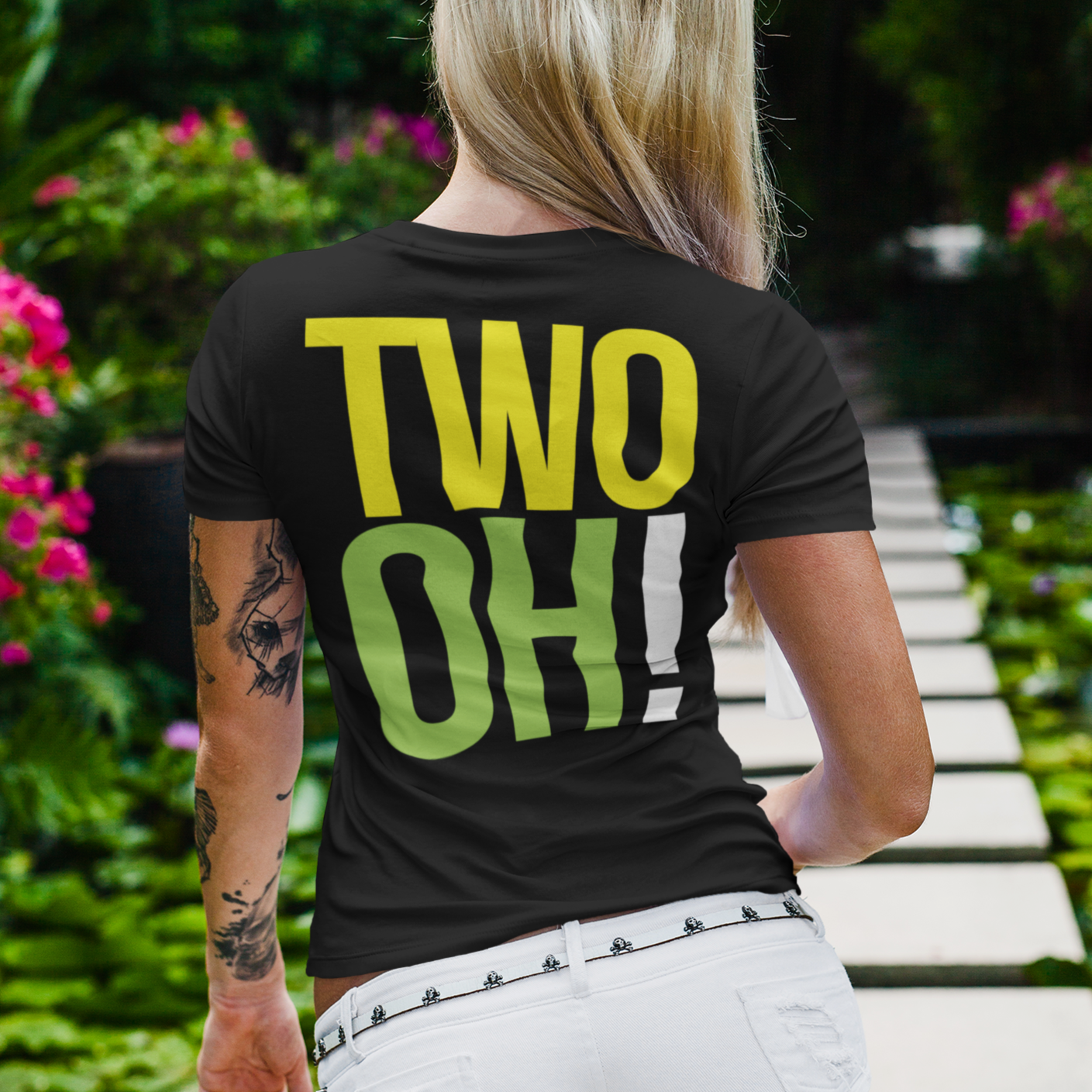 Woman wearing 20th Birthday Gift T-shirt, Birthday Song on front, TWO OH!, Unisex