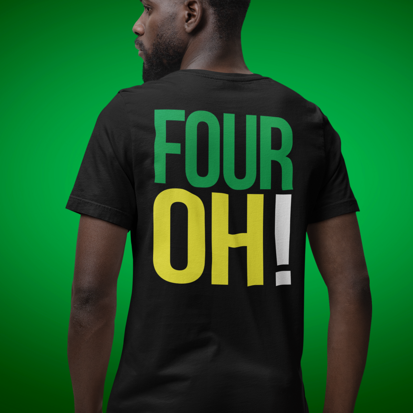 Man wearing 40th Birthday Gift T-shirt, Birthday Song FOUR OH!, 2-sided, Unisex