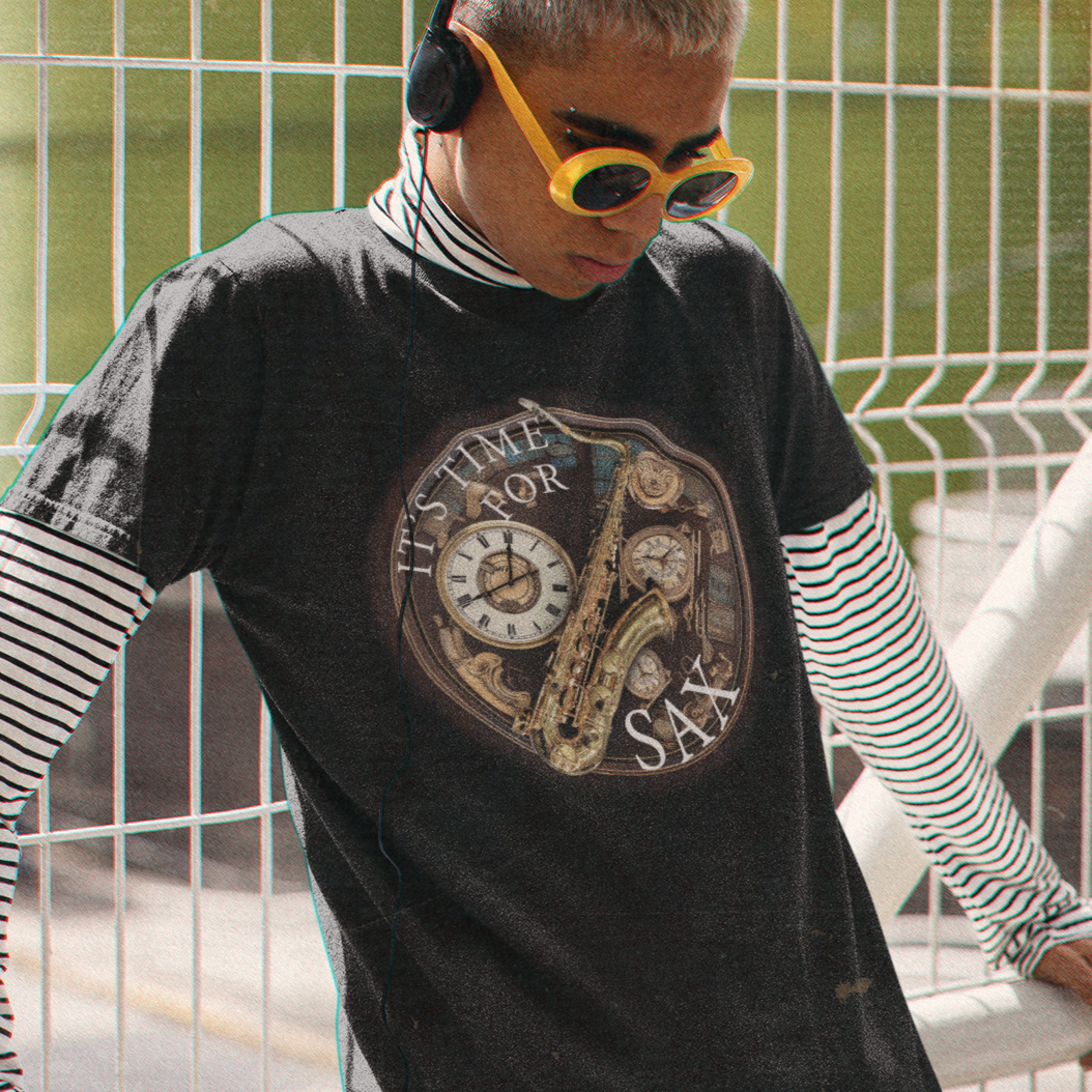 Its Time for SAX Recycled T-shirt mock up on model