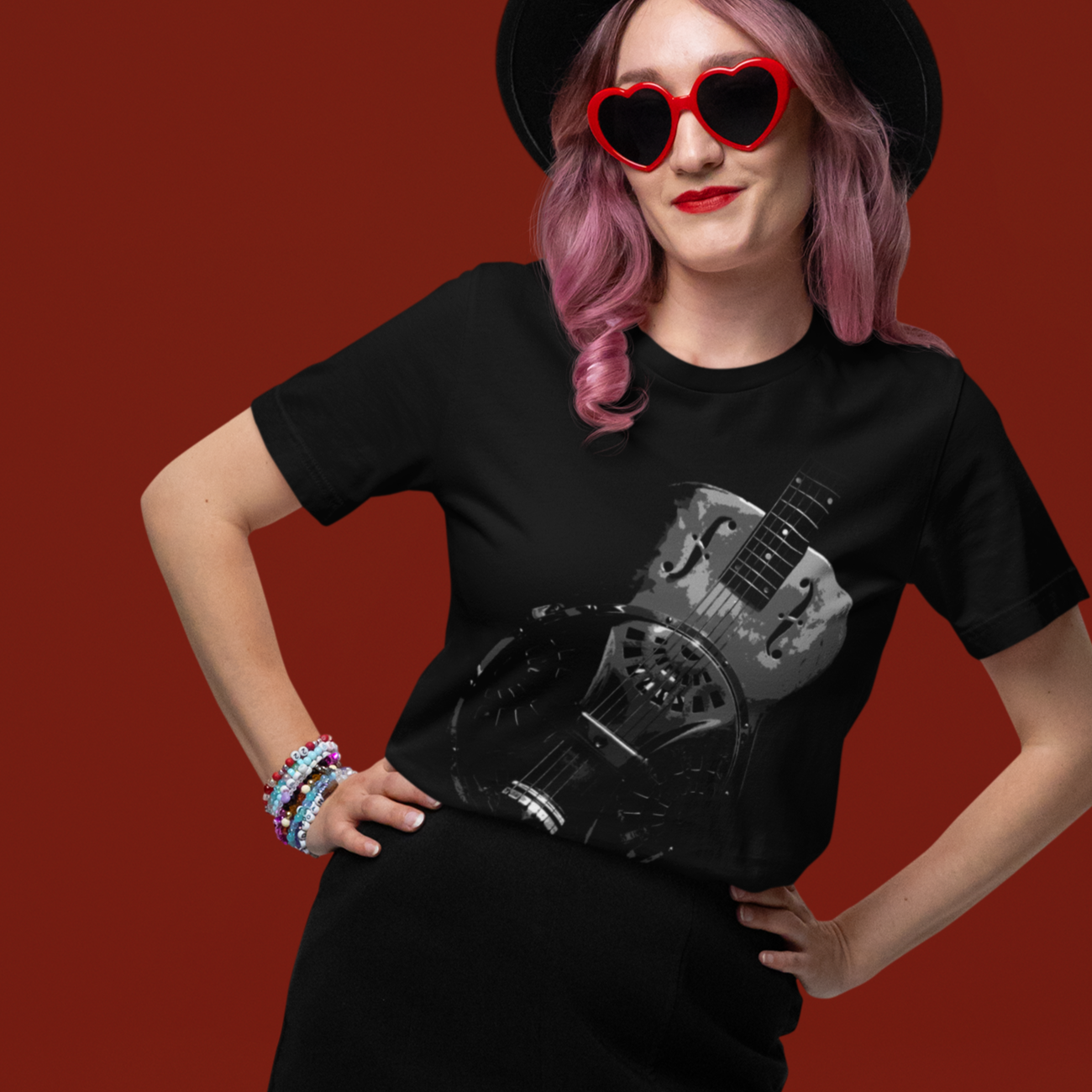 Vintage Dobro Guitar Graphic Tee T-shirt, black, on a model