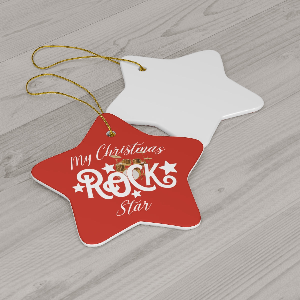 Personalized ROCK STAR Ceramic Christmas Ornament Drummer mock up