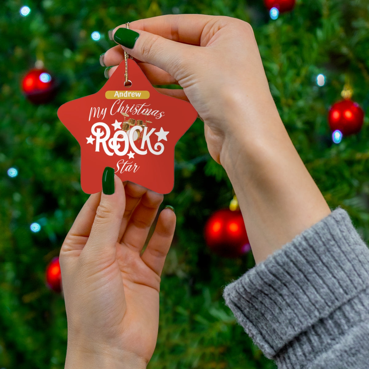 Personalized ROCK STAR Ceramic Christmas Ornament Drummer on tree
