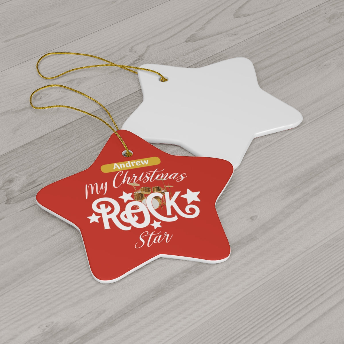 Personalized ROCK STAR Ceramic Christmas Ornament Drummer mock up