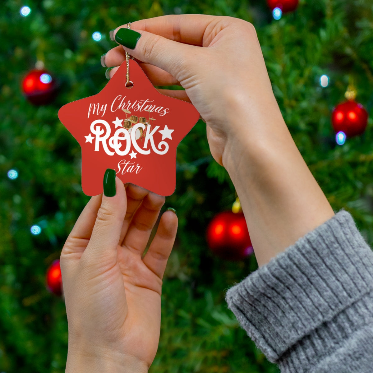 Personalized ROCK STAR Ceramic Christmas Ornament Drummer on tree