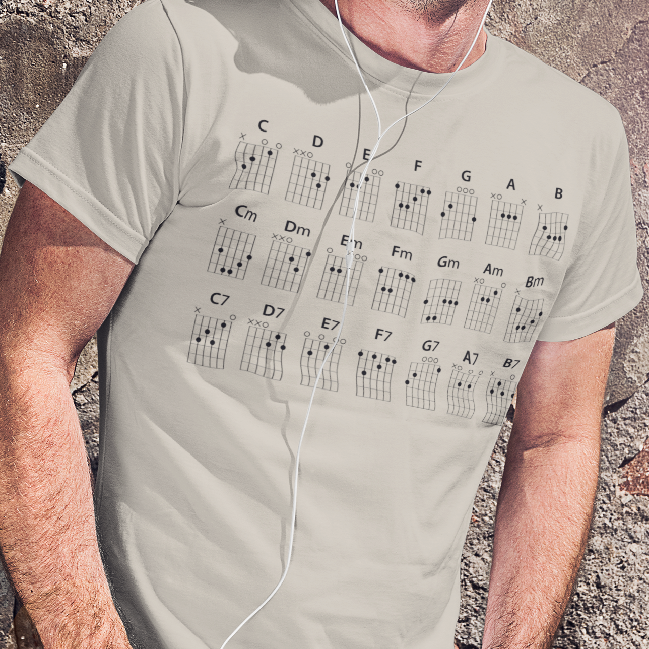 Guitar CHORDS T-shirt mock up on model