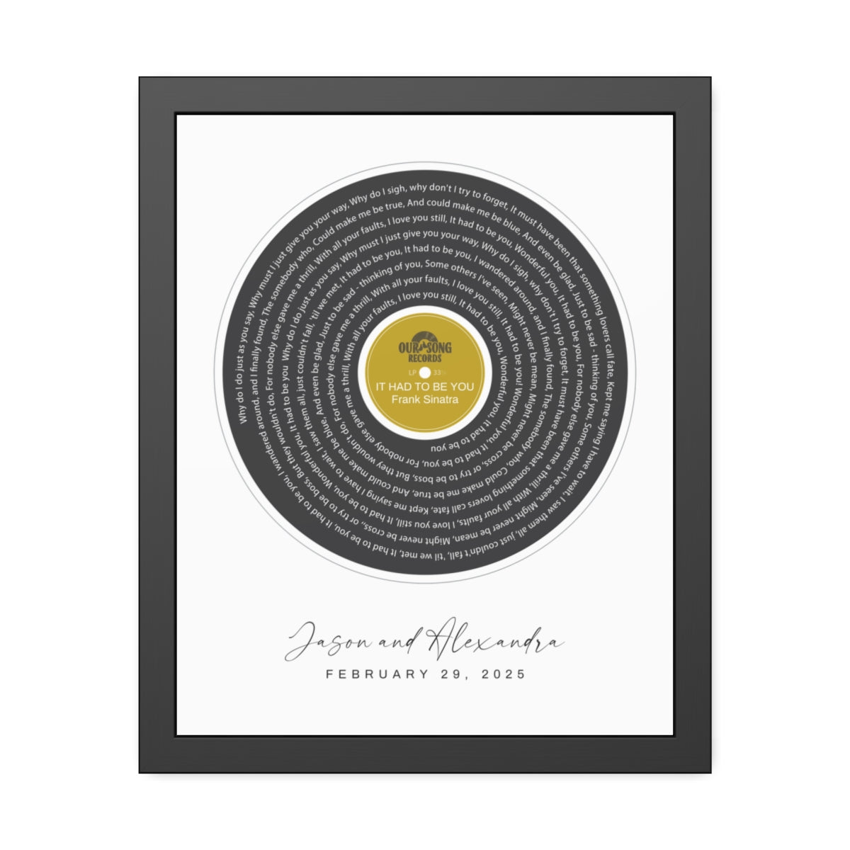 Personalized Song Lyrics Record Framed Artwork, Our Song Poster Print, Personalized Couple Gift, Custom Engagement or Wedding Music Gift