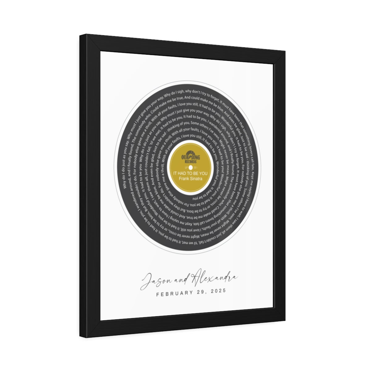 Personalized Song Lyrics Record Framed Artwork, Our Song Poster Print, Personalized Couple Gift, Custom Engagement or Wedding Music Gift