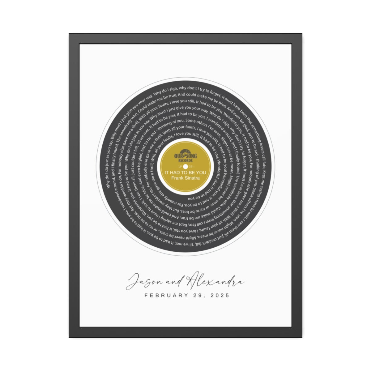 Personalized Song Lyrics Record Framed Artwork, Our Song Poster Print, Personalized Couple Gift, Custom Engagement or Wedding Music Gift