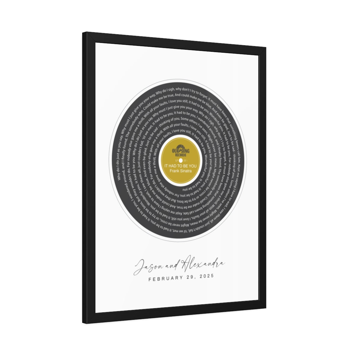 Personalized Song Lyrics Record Framed Artwork, Our Song Poster Print, Personalized Couple Gift, Custom Engagement or Wedding Music Gift