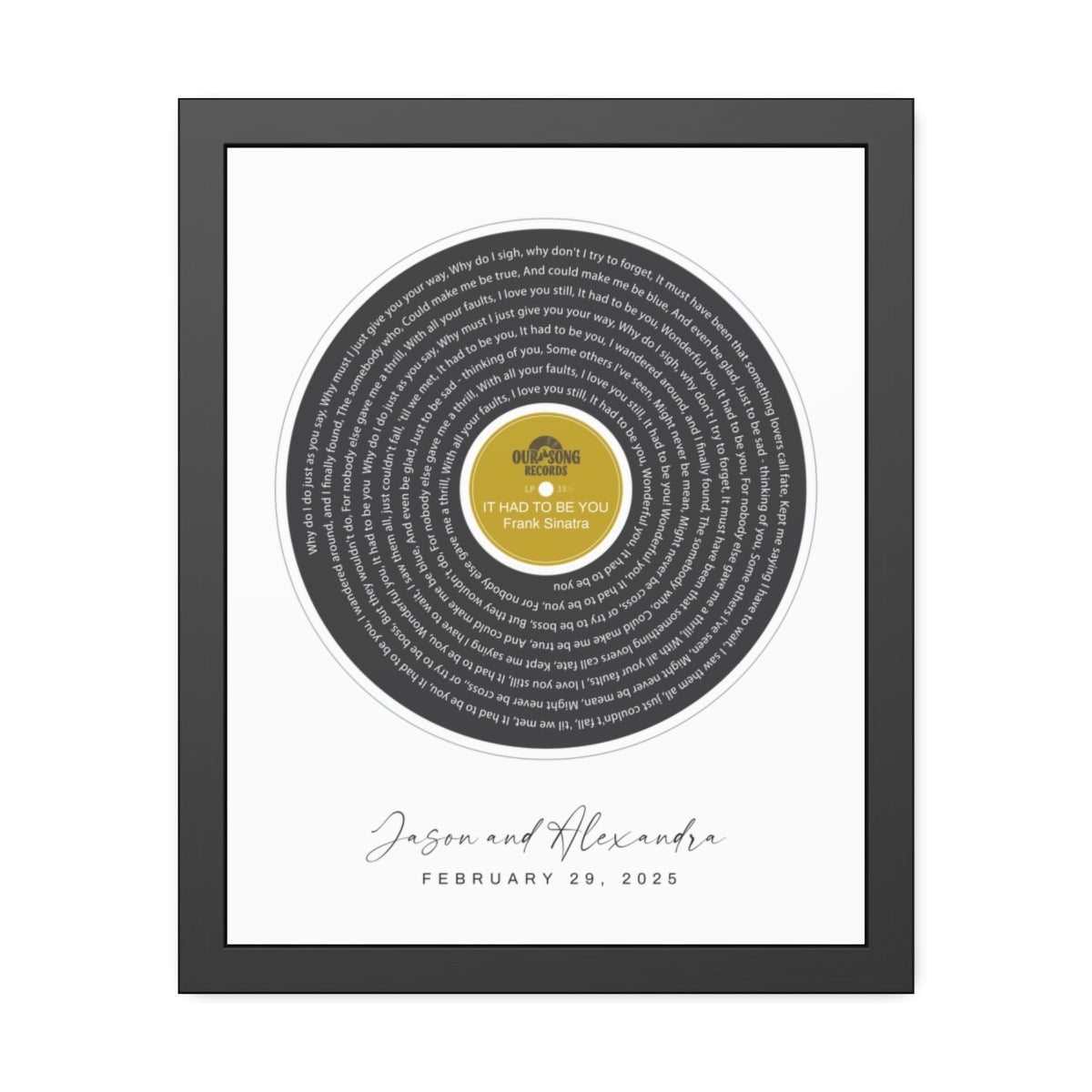 Personalized Song Lyrics Record Framed Artwork, Our Song Poster Print, Personalized Couple Gift, Custom Engagement or Wedding Music Gift