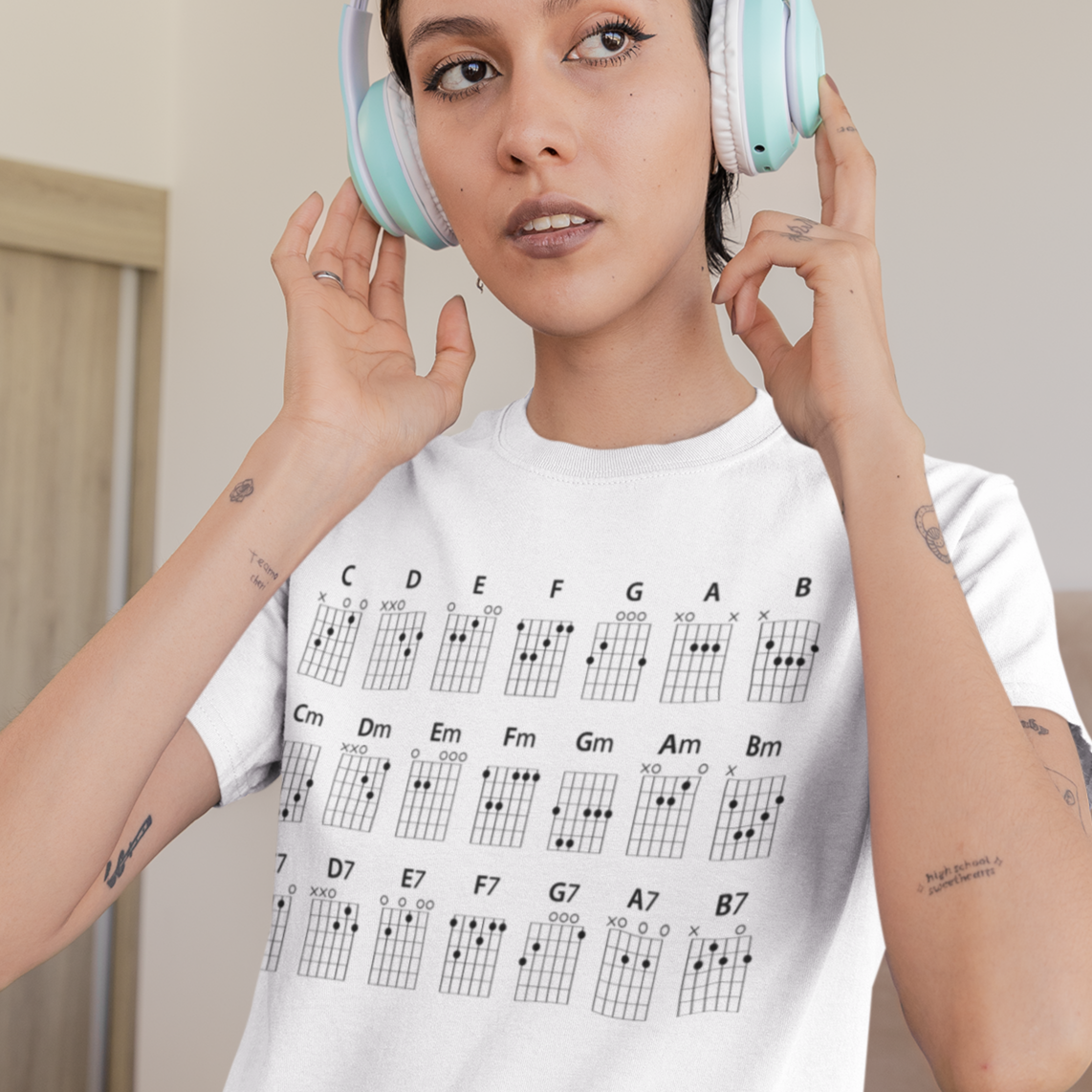 Guitar CHORDS T-shirt mock up on model