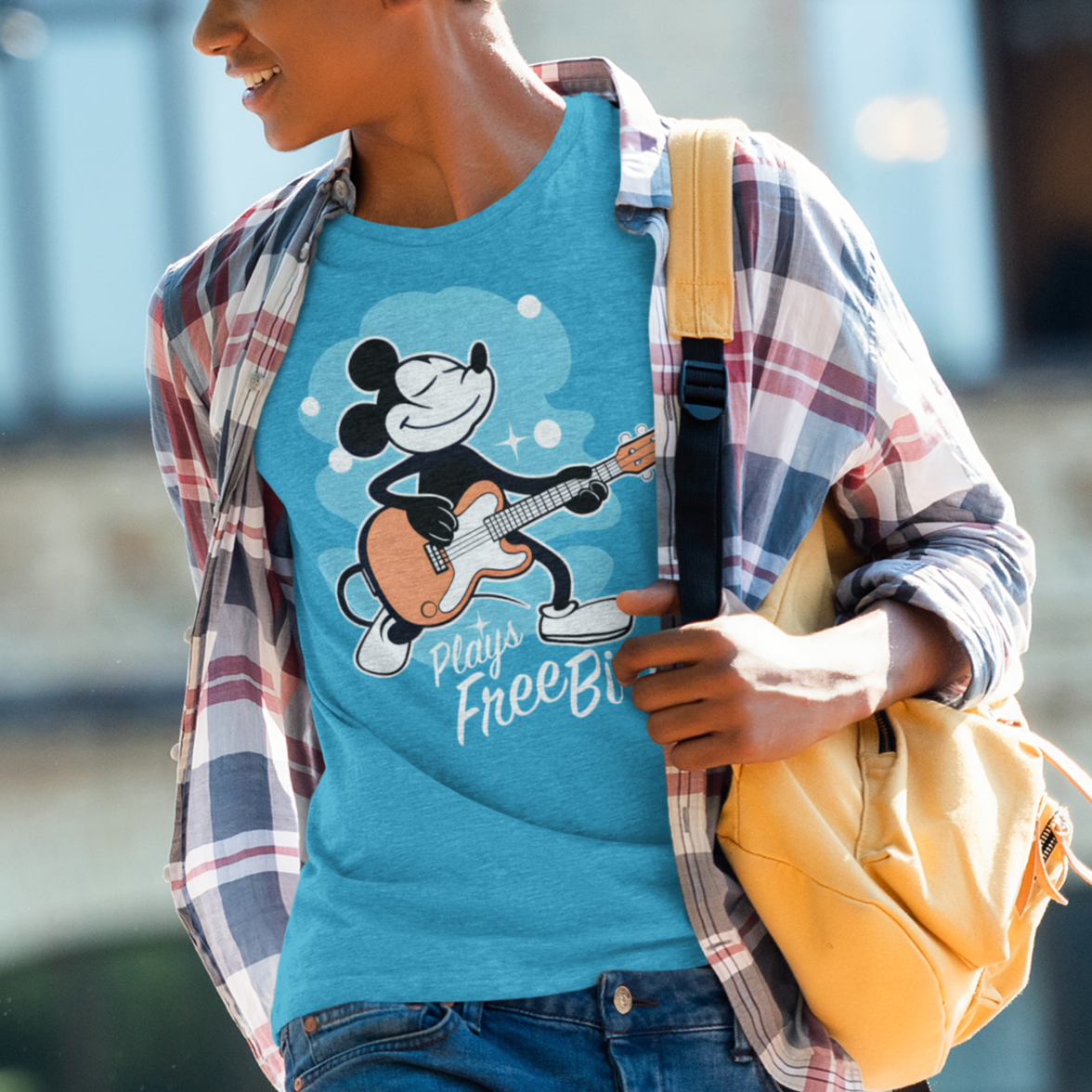 Happy MOUSE Plays Freebird T-shirt mock up on model