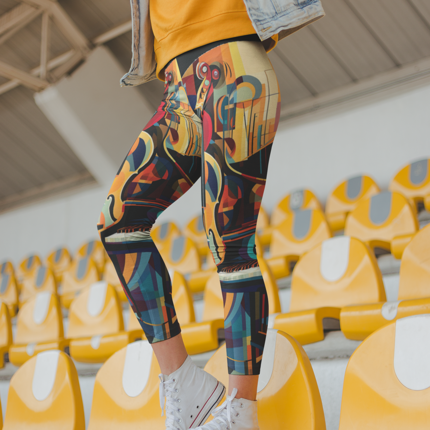 Cubism-style piano Stretchy Leggings mock up on model