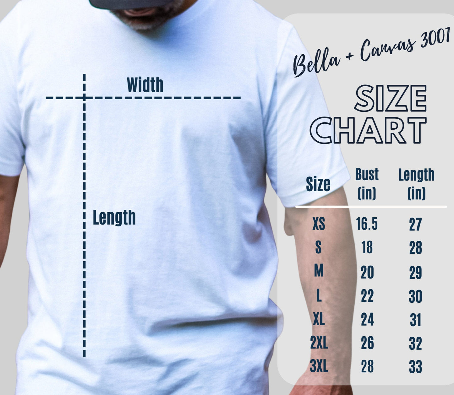 70th Birthday Gift T-shirt, bella+Canvas size chart
