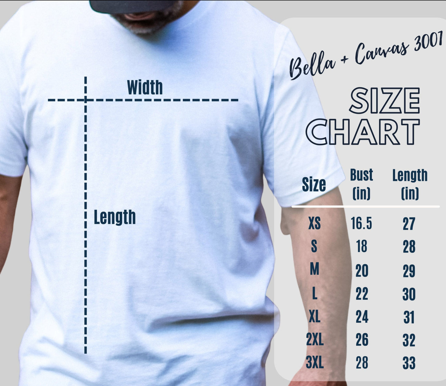 40th Birthday Gift T-shirt, Bella+Canvas 3001 size chart