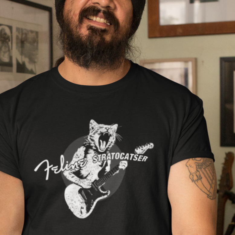 Guitar Cat Stratocatser T-shirt mock up on model