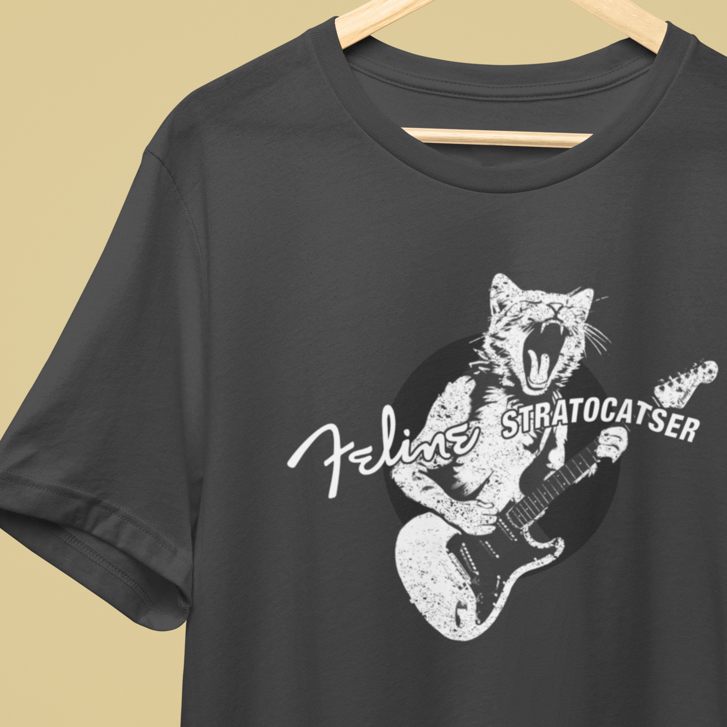 Rock Guitar Cat T-shirt mock up on model