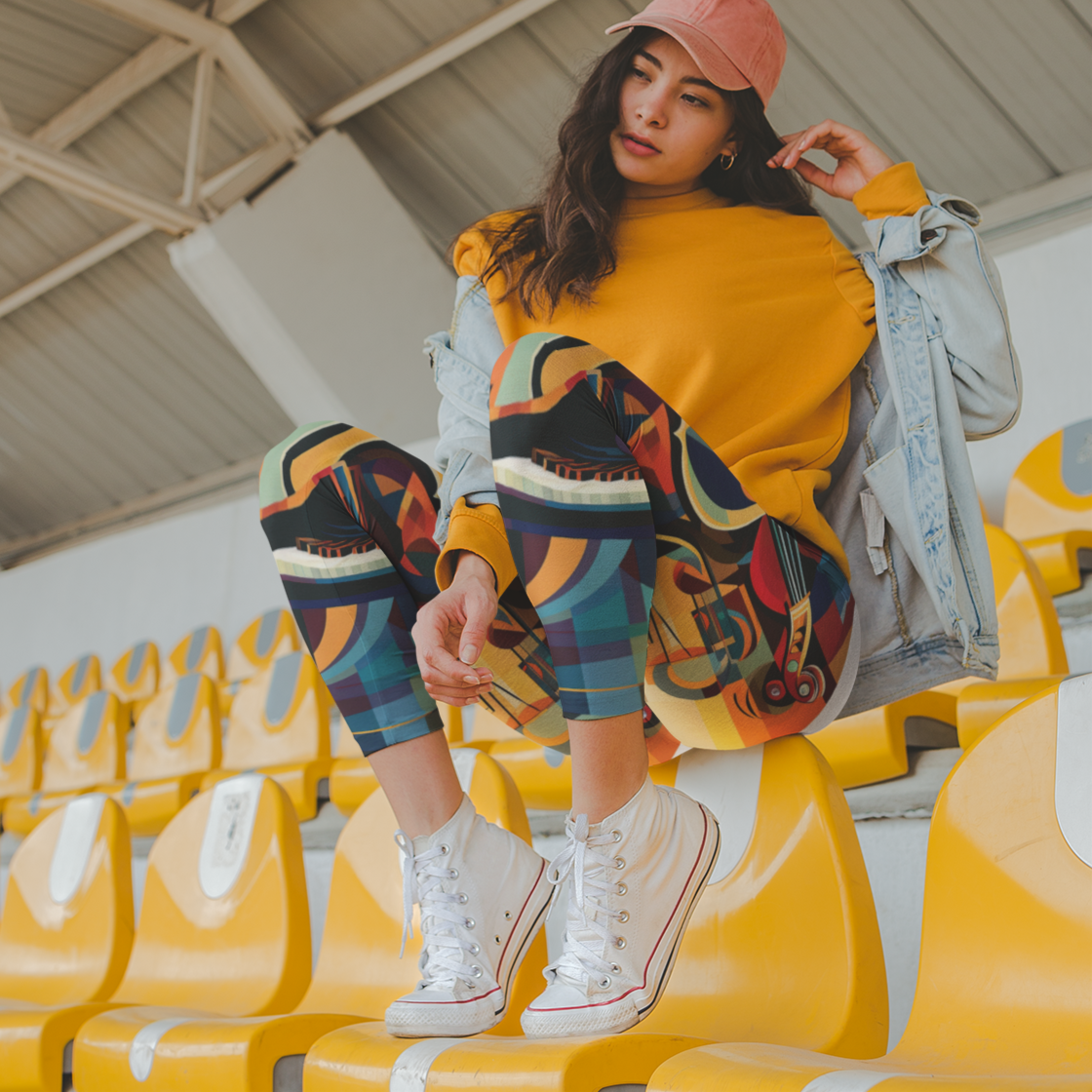 Cubism-style piano Stretchy Leggings mock up on model