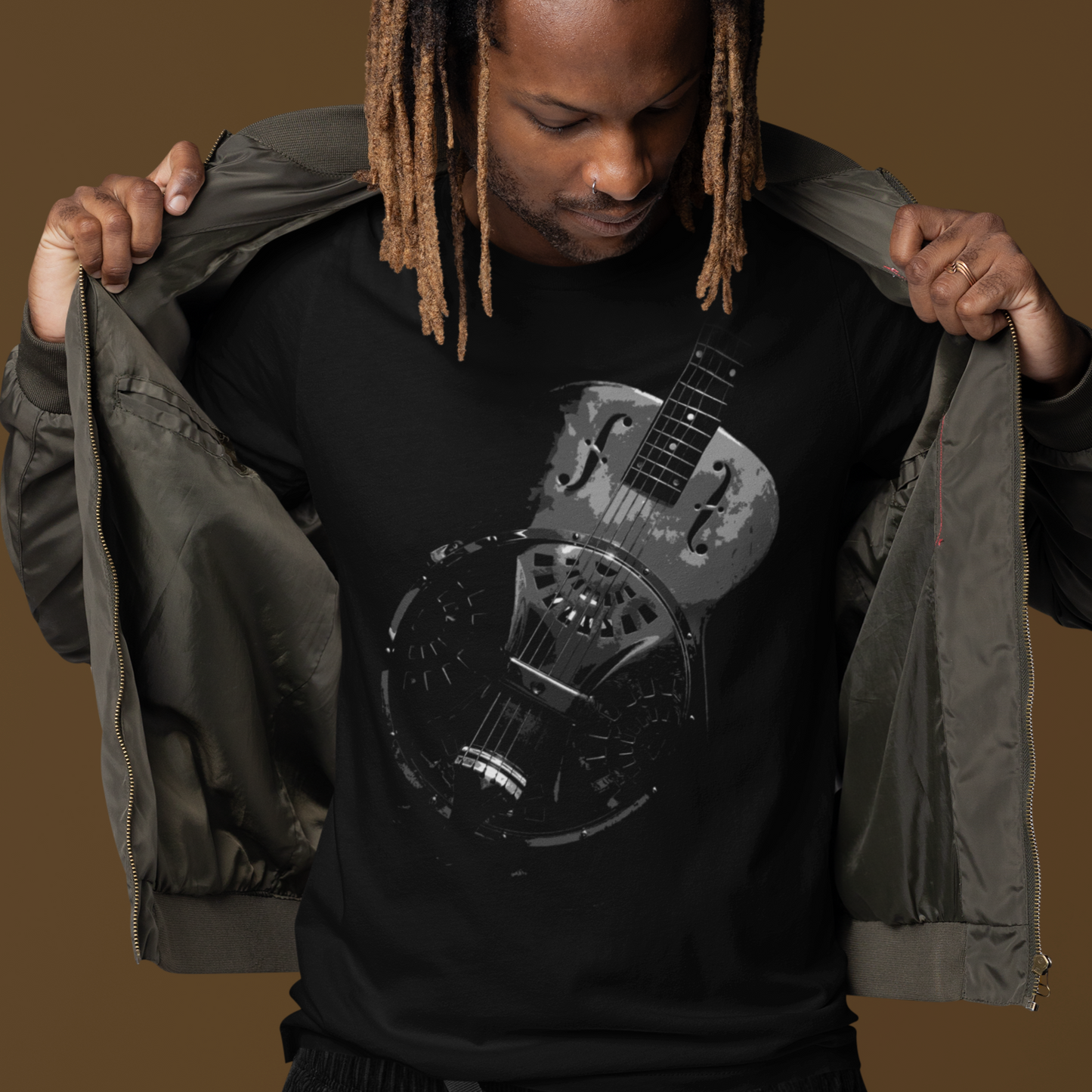 Vintage Dobro Guitar Graphic Tee T-shirt, black mockup, on a model