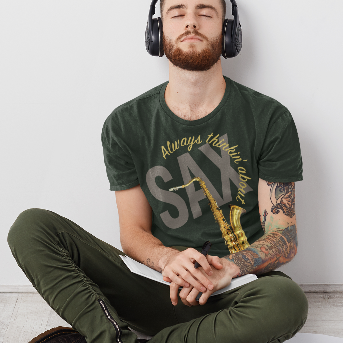 Always Thinkin About SAX T-Shirt Mockup on model