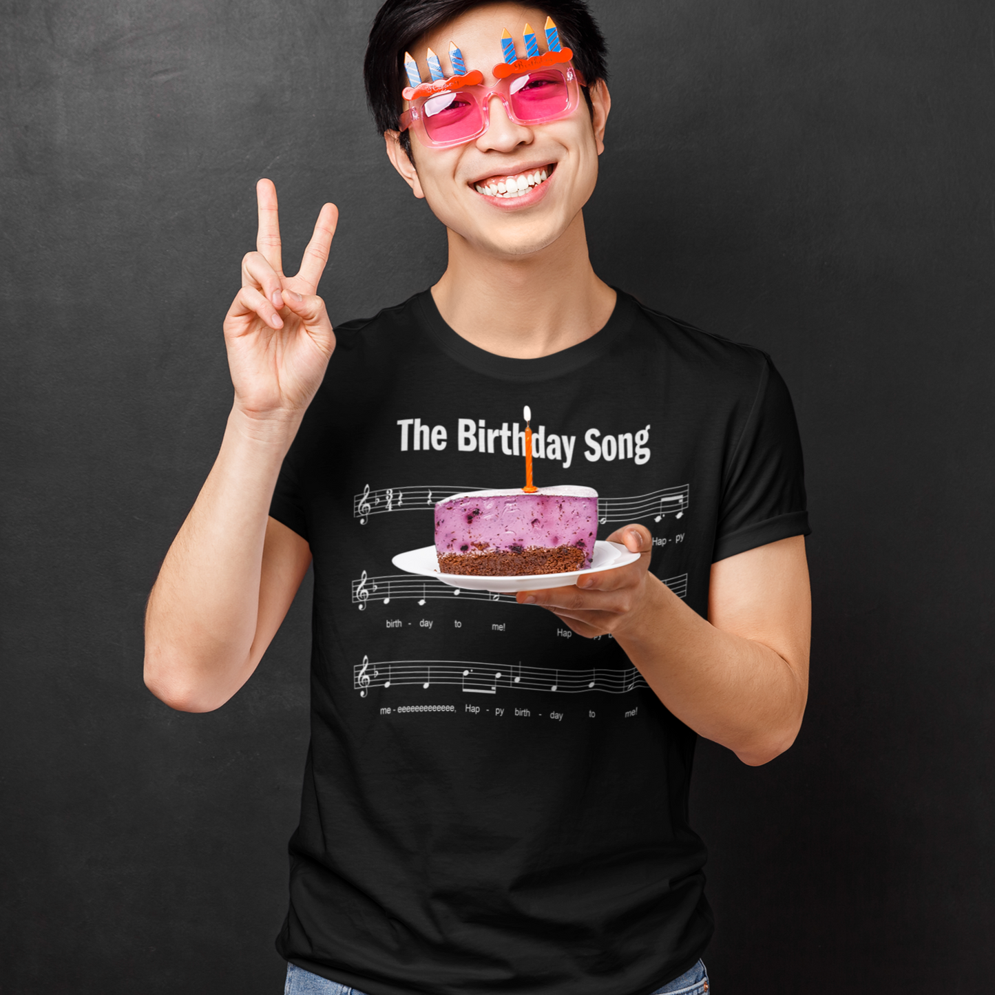 Man wearing 30th Birthday Gift T-shirt, Birthday Song on front, THREE OH! 2-sided, Unisex