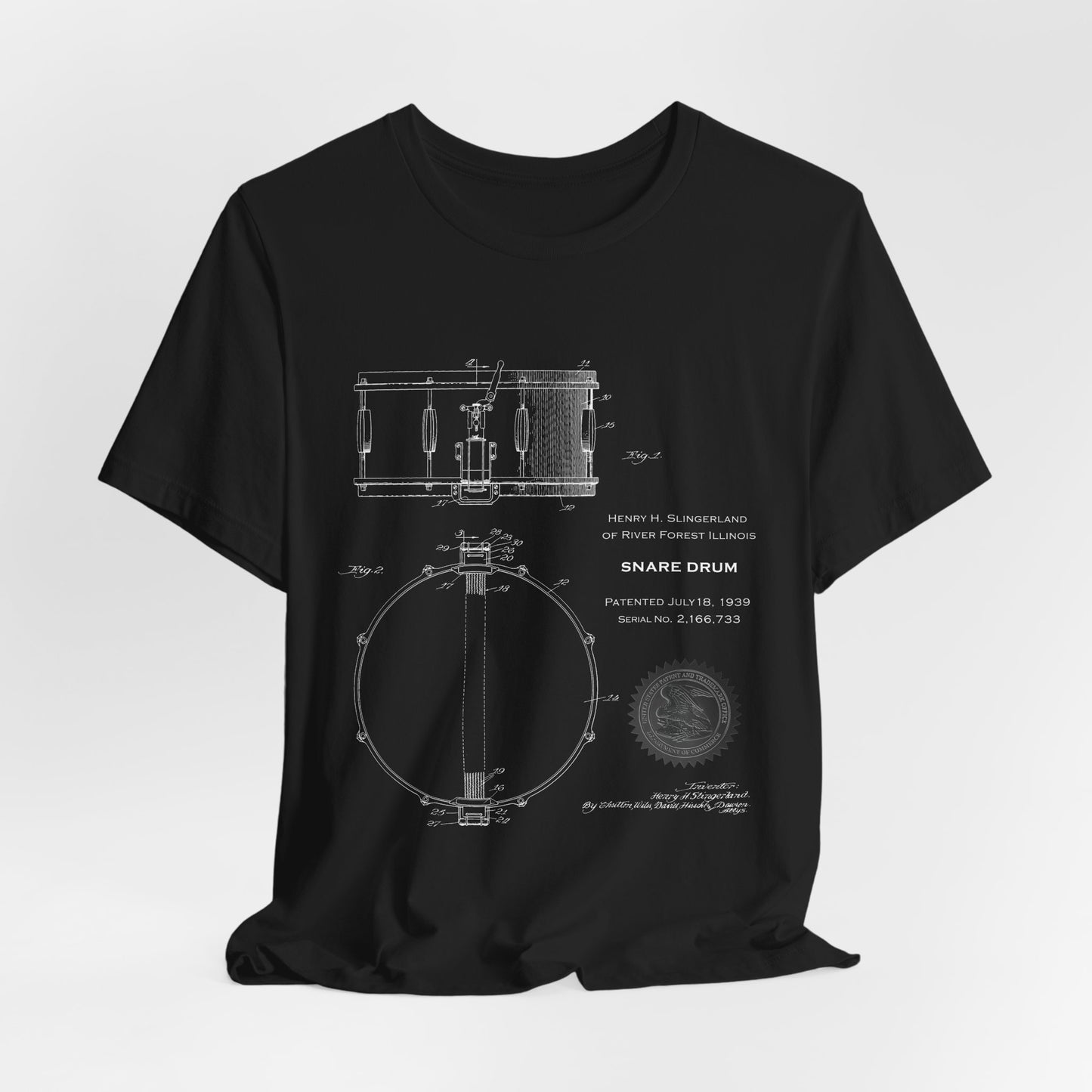 Snare Drum Blueprint T-Shirt, Vintage Drum Patent Tee, Music Lover Gift, Retro Drum Drawing from U.S. Patent Office