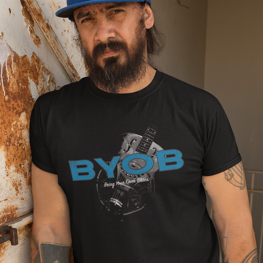 Blues Music T-Shirt, black mockup, on model