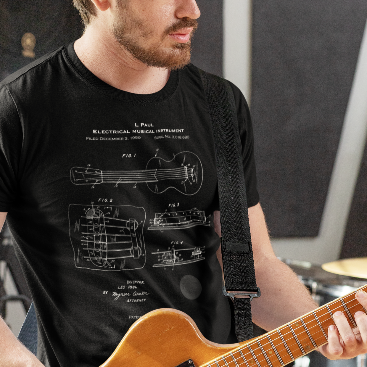 L. Paul Guitar Patent T-shirt mock up on model