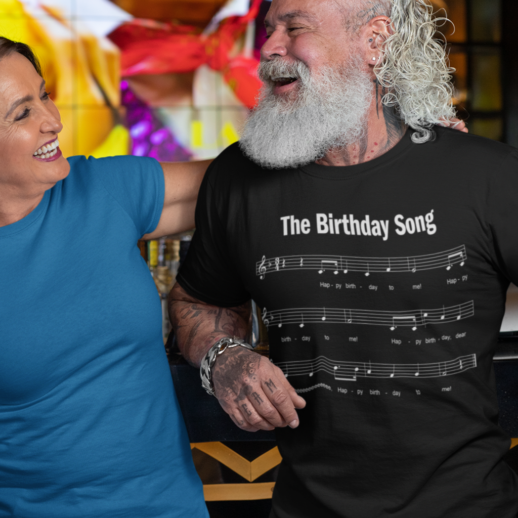 Man wearing 60th Birthday Gift T-shirt, Birthday Song SIX OH!, 2-sided, Unisex